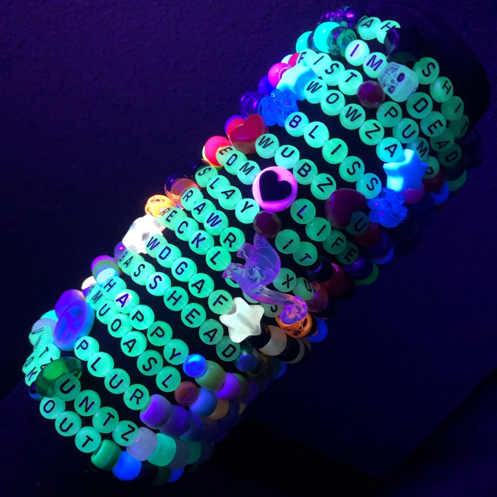 10 Glow in the Dark Worded Kandi Beaded Bracelets - Rave Themed